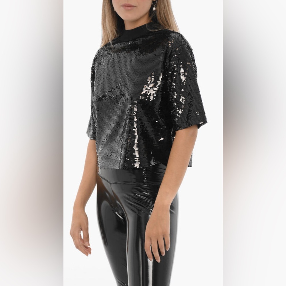 NWT Allsaints Black Sequin Juela Short Sleeve Tee Women's Top in M